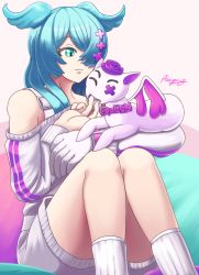 Rule 34 | 1girl, animal on arm, azzypics, blue hair, dragon girl, elira pendora, gloves, green eyes, hair ornament, hair over one eye, hairpin, head wings, highres, nijisanji, nijisanji en, overall shorts, overalls, pillow, single glove, sitting, striped clothes, striped sweater, sweater, virtual youtuber, wings