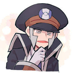 Rule 34 | 1boy, black coat, black hat, blush, chiimako, coat, commentary request, creatures (company), game freak, gloves, grey eyes, grey hair, hand up, hat, high collar, ingo (pokemon), long sleeves, male focus, nintendo, open clothes, open coat, open mouth, peaked cap, pokemon, pokemon bw, short hair, sideburns, solo, tongue, upper body