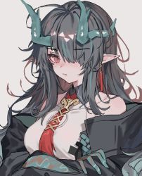 Rule 34 | 1girl, aogisa, arknights, bare shoulders, black hair, blue horns, blush, china dress, chinese clothes, collarbone, colored skin, dragon horns, dress, dusk (arknights), earrings, hair over one eye, highres, horns, jewelry, messy hair, necktie, off shoulder, pointy ears, red necktie, solo, white background, white dress