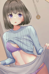 Rule 34 | 1girl, blue sweater, bra, breasts, brown hair, change in common sense, clothes lift, coin, coin on string, drooling, empty eyes, grey skirt, highres, hypnosis, indoors, lifted by self, long sleeves, medium breasts, mind control, navel, open mouth, original, panties, purple bra, purple eyes, purple panties, ribbed sweater, saliva, short hair, skirt, skirt lift, solo focus, sweater, underwear, variant0083