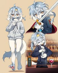 Rule 34 | 1boy, ahoge, alcohol, androgynous, bar (place), bartender, blue hair, blue shirt, bottle, bright pupils, cape, cellphone, closed eyes, commission, cup, drawstring, drinking glass, full body, furry, furry male, glasses, go (1o22g), hand in pocket, headband, holding, holding phone, holding sword, holding weapon, hood, hoodie, light blue hair, long sleeves, looking at phone, looking down, male focus, multicolored hair, no pants, orange eyes, original, parted lips, pawpads, phone, ponytail, red cape, round eyewear, shirt, simple background, smartphone, solo, suspenders, sword, walking, weapon, whiskey, white hair, white pupils, wine, wine glass, yellow headband
