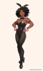 Rule 34 | 1girl, afro, animal ears, annie mei project, arm strap, bare shoulders, black footwear, black hair, black leotard, black pantyhose, bow, bowtie, breasts, caleb thomas, cleavage, commentary, dark-skinned female, dark skin, deltoids, detached collar, earrings, english commentary, fake animal ears, fake tail, full body, hands on own hips, highleg, highleg leotard, highres, jewelry, leotard, medium breasts, medium hair, mole, mole under mouth, muscular, muscular female, nose, pantyhose, platform footwear, platform heels, playboy bunny, rabbit ears, rabbit tail, red lips, retro mei, ringlets, solo, standing, strapless, strapless leotard, tail, thick eyebrows, very dark skin, watermark, web address, white background, wrist cuffs