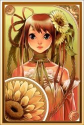 Rule 34 | 1girl, art nouveau, bare shoulders, braid, breasts, brown hair, chkuyomi, choker, detached sleeves, dress, flower, grey eyes, lace, lips, long hair, looking at viewer, original, ribbon, solo, sunflower, twintails, upper body, very long hair