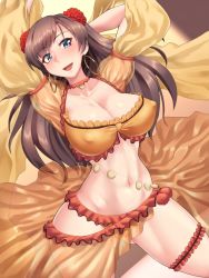 Rule 34 | 1girl, arabian clothes, armpits, arms up, belly chain, blue eyes, breasts, brown hair, bustier, cleavage, dashigarayama, dutch angle, earrings, covered erect nipples, fang, fate/grand order, fate (series), flower, gluteal fold, hair flower, hair ornament, hoop earrings, jewelry, large breasts, bridal garter, looking at viewer, mata hari (fate), navel, open mouth, see-through, solo