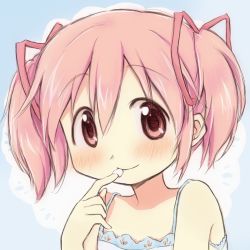 Rule 34 | 1girl, bad id, bad pixiv id, blush, cream, dress, finger to mouth, hair between eyes, hair ribbon, highres, hitode, kaname madoka, looking at viewer, mahou shoujo madoka magica, mahou shoujo madoka magica (anime), pink eyes, pink hair, pink ribbon, ribbon, short hair, short twintails, smile, solo, strap, sundress, tasting, twintails