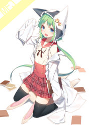 Rule 34 | 1girl, black thighhighs, blue eyes, book, coat, fang, green hair, hat, hat with ears, izumi sai, long hair, looking at viewer, off shoulder, open clothes, open coat, open mouth, original, ponytail, school uniform, serafuku, shirt, sitting, sitting on object, skirt, smile, solo, stuffed animal, stuffed rabbit, stuffed toy, thighhighs, very long hair, zettai ryouiki