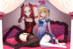 Rule 34 | 2boys, 2girls, :3, ahoge, animal ears, aqua eyes, babydoll, bell, black-framed eyewear, black bow, black legwear, black panties, black ribbon, blonde hair, blue bow, blue eyes, blue ribbon, blunt bangs, bob cut, bow, breasts, cat ears, chemise, choker, cleavage, collarbone, crossdressing, curtains, frilled choker, frilled pillow, frills, full body, garter straps, glasses, hair bow, hairband, highres, jingle bell, lace trim, long hair, looking at viewer, mars symbol, multiple boys, multiple girls, neck bell, neeta, no shoes, original, panties, pantyshot, parted lips, pillow, pink lips, polka dot, polka dot pillow, red bow, red hair, red lips, red ribbon, ribbon, rimless eyewear, see-through, short hair, sitting, small breasts, smile, striped, striped background, striped bow, thighhighs, trap, two side up, underwear, white bow, white legwear