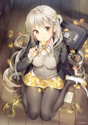 Rule 34 | 1girl, absurdres, anmi, arm support, black pantyhose, blazer, breasts, briefcase, brown eyes, candy, food, from above, grey hair, heart, highres, jacket, lollipop, long hair, looking at viewer, medium breasts, one side up, original, panties, panty pull, pantyhose, ribbon, school briefcase, school uniform, shoes, sitting, skirt, sleeves past wrists, solo, striped clothes, striped skirt, underwear, uwabaki, very long hair, vest, wariza