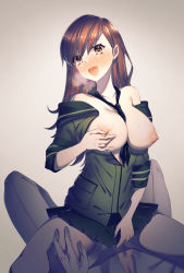 Rule 34 | 10s, 1boy, 1girl, :d, admiral (kancolle), between breasts, blush, breasts, breasts out, breath, brown eyes, brown hair, clothed sex, cowgirl position, full-face blush, girl on top, gloves, grabbing, grabbing another&#039;s breast, grabbing own breast, hetero, highres, kantai collection, large breasts, long hair, miniskirt, necktie, necktie between breasts, nipple stimulation, nipple tweak, nipples, no bra, ooi (kancolle), open clothes, open mouth, open shirt, pleated skirt, pov, school uniform, sex, shirt, skirt, smile, solo focus, straddling, suihei sen, vaginal, white gloves