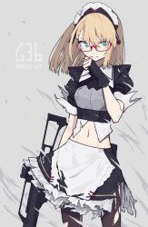 Rule 34 | 1girl, absurdres, apron, assault rifle, blonde hair, blood, blood from mouth, blue eyes, braid, g36 (girls&#039; frontline), g36 (mod3) (girls&#039; frontline), girls&#039; frontline, glasses, gun, h&amp;k g36, highres, maid, maid apron, maid headdress, medium hair, mod3 (girls&#039; frontline), navel, pantyhose, papaia (quentingqoo), rifle, solo, torn clothes, weapon