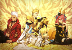 Rule 34 | 10s, 2boys, 2girls, absurdres, ahoge, animal ears, archer (fate), armor, bare shoulders, belt, black legwear, blonde hair, bodysuit, breastplate, breasts, center opening, chain, choker, detached sleeves, earrings, fate/extra, fate/extra ccc, fate (series), fox ears, fox tail, gauntlets, gilgamesh (fate), greaves, green eyes, grey eyes, hair ribbon, hat, high heels, highres, jacket, jewelry, large breasts, leather, leather jacket, lock, lock earrings, long hair, lying, mini hat, mini top hat, multiple boys, multiple girls, nero claudius (bride) (fate), nero claudius (fate), nero claudius (fate) (all), official alternate costume, official art, on stomach, padlock, pants, parted lips, pauldrons, pink hair, red eyes, red jacket, ribbon, shoes, short hair, shoulder armor, sitting, smile, tail, takeuchi takashi, tamamo (fate), tamamo no mae (fate/extra), tamamo no mae (sable mage) (fate), thighhighs, top hat, veil, wariza, white hair, yellow eyes