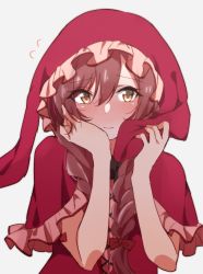Rule 34 | 1girl, animal hood, blush, bow, bowtie, braid, dress, embarrassed, flying sweatdrops, frilled hood, frills, full-face blush, hand on own cheek, hand on own face, hands up, highres, holding, hood, idolmaster, idolmaster shiny colors, looking away, osaki amana, rabbit hood, red dress, red hair, red hood, reikakrzk, simple background, solo, twintails, upper body, white background