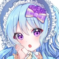 Rule 34 | 1girl, :o, bad id, bad pixiv id, blue hair, blue hat, blush, bonnet, bow, commentary request, copyright request, flower, hair between eyes, hair bow, hair flower, hair ornament, hands up, hat, head tilt, long hair, long sleeves, looking at viewer, mamel 27, open mouth, own hands clasped, own hands together, purple bow, purple eyes, purple flower, purple rose, rose, simple background, solo, white background