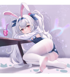 Rule 34 | 1girl, absurdres, animal ears, ass, azur lane, bendy straw, blue hairband, blue leotard, blue ribbon, breasts, cleavage, closed mouth, cocktail, commentary request, crossed bangs, drinking straw, fake animal ears, feet, grey hair, hair between eyes, hair ribbon, hairband, highres, laffey (azur lane), laffey ii (azur lane), laffey ii (sleepy on a busy day) (azur lane), leotard, long hair, lying, official alternate costume, on side, pantyhose, rabbit ears, red eyes, ribbon, sheng taoren, shrug (clothing), sitting, small breasts, smile, soles, solo, table, thighband pantyhose, thighs, toes, twintails, very long hair, white pantyhose