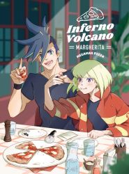 Rule 34 | 2boys, blue eyes, blue hair, cafe, cheese, cheese trail, cup, drink, drinking glass, eating, food, galo thymos, green hair, holding, holding food, holding pizza, jacket, lio fotia, male focus, mmta prm, multiple boys, open mouth, pizza, pizza slice, promare, purple eyes, restaurant, short hair, smile, spiked hair, table