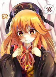 Rule 34 | 1girl, anger vein, angry, annoyed, black dress, black hat, black sleeves, blush, chinese clothes, closed mouth, crescent, dress, energy, fox, hair between eyes, hands up, hat, highres, junko (touhou), kana (user rkuc4823), long hair, long sleeves, looking at viewer, multicolored eyes, orange eyes, orange hair, orange neckwear, pom pom (clothes), pout, red eyes, red vest, simple background, solo, touhou, vest, white background, wide sleeves