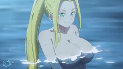Rule 34 | 1girl, anime coloring, artist logo, beatrix amerhauser, blonde hair, blue eyes, breasts, closed mouth, collarbone, commentary, english commentary, highres, keihh, large breasts, long hair, paid reward available, partially submerged, ponytail, sidelocks, smile, solo, upper body, water, water censor, zom 100: zombie ni naru made ni shitai 100 no koto