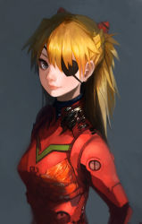 Rule 34 | 10s, 1girl, alchemaniac, arms at sides, blue eyes, evangelion: 3.0 you can (not) redo, eyepatch, from side, grey background, highres, lips, long hair, neon genesis evangelion, orange hair, plugsuit, realistic, rebuild of evangelion, simple background, smile, solo, souryuu asuka langley, standing, two side up, upper body