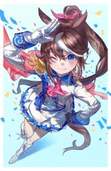 Rule 34 | 1girl, animal ears, arm up, ascot, asymmetrical gloves, black gloves, blue background, blue eyes, blush, brown hair, cape, closed mouth, confetti, epaulettes, from above, full body, gloves, highres, horse ears, horse girl, horse tail, jacket, korean commentary, long sleeves, looking at viewer, mismatched gloves, multicolored hair, one eye closed, pink ascot, ponytail, saibeo tomato, salute, single epaulette, skirt, smile, solo, streaked hair, tail, tokai teio (umamusume), umamusume, walking, white footwear, white gloves, white jacket, white skirt