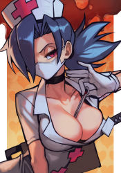 Rule 34 | 1girl, bandage over one eye, blue hair, breasts, cleavage, cross, gloves, hacksaw, hair between eyes, hair over one eye, hat, hungry clicker, large breasts, liquid-in-glass thermometer, mask, mouth mask, nurse, nurse cap, object on breast, orange background, ponytail, red cross, red eyes, saw, short sleeves, skullgirls, spiked hair, standing, surgical mask, thermometer, valentine (skullgirls), weapon, weapon on back, white gloves