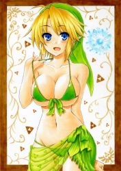 Rule 34 | 1girl, bikini, blonde hair, blue eyes, blush, breasts, cameltoe, cleavage, female focus, front-tie bikini top, front-tie top, gender request, genderswap, hat, large breasts, link, navel, navi, nintendo, open mouth, pointy ears, pull, sarong, see-through, skindentation, solo, strap, swimsuit, takecha, the legend of zelda, third-party edit