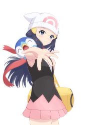 Rule 34 | 1girl, bag, baum, beanie, black hair, black shirt, closed mouth, commentary request, cowboy shot, creatures (company), dawn (pokemon), duffel bag, eyelashes, floating scarf, from side, game freak, gen 4 pokemon, grey eyes, hat, highres, long hair, looking to the side, nintendo, outstretched arm, pink skirt, piplup, pokemon, pokemon (creature), pokemon dppt, red scarf, scarf, shirt, simple background, skirt, sleeveless, sleeveless shirt, smile, spread fingers, white background, white headwear, yellow bag
