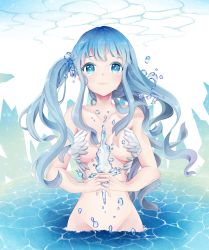 Rule 34 | 1girl, bad id, bad pixiv id, blue eyes, blue hair, blue theme, crying, crying with eyes open, li.b, li.b (liebenib), liby (libtnvd), long hair, looking at viewer, matching hair/eyes, original, partially submerged, side ponytail, smile, solo, tears, twintails, water