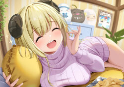 Rule 34 | 1girl, :d, alternate costume, bedroom, blush, breasts, character doll, chips (food), dress, eating, food, highres, hololive, horns, indoors, kaigan, large breasts, long hair, lying, no panties, hugging object, on side, open mouth, pillow, pillow hug, pink sweater, potato chips, ribbed sweater, sheep horns, smile, solo, ssrb (shishiro botan), subaru duck, sweater, taut clothes, taut sweater, teeth, tsunomaki watame, turtleneck, turtleneck sweater, twisted torso, upper teeth only, very long hair, virtual youtuber, watamate, yukimin (yukihana lamy)