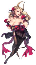 Rule 34 | 1girl, alternate costume, arched back, bare shoulders, bent over, blonde hair, blue eyes, breasts, chaos online, choker, cleavage, collarbone, demon girl, demon horns, demon tail, earrings, eyeshadow, female focus, finger to mouth, fishnet thighhighs, fishnets, flower, frilled thighhighs, frills, full body, garter straps, hair flower, hair ornament, hair ribbon, highres, horns, jewelry, large breasts, lips, long hair, love cacao, lucifer (chaos online), makeup, official art, parted lips, ribbon, shoes, smile, solo, tail, thighhighs, transparent background