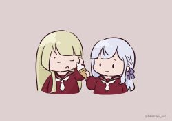 Rule 34 | 2girls, :o, arm at side, assault lily, blonde hair, blunt bangs, braid, brown background, brown sailor collar, chibi, closed eyes, closed mouth, cropped torso, food, grey hair, hair ribbon, tucking hair, hand up, highres, holding, holding food, ice cream, ice cream cone, kabayaki (kabayaki eel), kanba girls high school uniform, kon kanaho, long hair, long sleeves, looking at another, miyagawa takane, multiple girls, necktie, open mouth, purple ribbon, red shirt, ribbon, sailor collar, school uniform, serafuku, sharing food, shirt, short necktie, side braid, sidelocks, simple background, smile, solid oval eyes, twitter username, upper body, white necktie, yuri