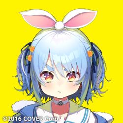 Rule 34 | 1girl, 2016, animal ears, blue hair, carrot hair ornament, choker, company name, copyright notice, food-themed hair ornament, hair ornament, hair ribbon, highres, hikimayu, hololive, looking at viewer, official alternate costume, orange eyes, oshiruko (oshiruco 212048), portrait, pout, rabbit ears, ribbon, short hair, short twintails, simple background, solo, tearing up, thick eyebrows, twintails, usada pekora, usada pekora (casual), virtual youtuber, yellow background