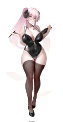 Rule 34 | 1girl, bare shoulders, black bra, black footwear, black horns, black leotard, blush, bra, breasts, clipboard, commentary, corrupted twitter file, curvy, full body, glasses, highres, horns, huge breasts, large breasts, latex, latex leotard, leotard, looking at viewer, nine (kanine41), original, pen, pink hair, ponytail, sheep girl, smile, symbol-only commentary, thighhighs, thighs, underwear, white background, wide hips, yellow eyes