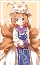 Rule 34 | 1girl, animal hat, crossed arms, dress, expressionless, fox tail, hat, highres, light brown hair, mob cap, multiple tails, ofuda, orange background, mob cap, ruu (tksymkw), short hair, simple background, tabard, tail, touhou, two-tone background, white background, yakumo ran, yellow eyes