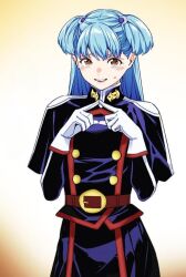 Rule 34 | 1girl, black sleeves, blue hair, blue jacket, blue skirt, blush, gloves, jacket, long hair, looking at viewer, mato seihei no slave, open mouth, skirt, solo, sweat, tsukiyono bell, uniform, very long hair, white gloves, yellow eyes