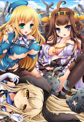 Rule 34 | 10s, 3girls, :d, :o, atago (kancolle), bad id, bad pixiv id, bare shoulders, blonde hair, blue eyes, blush, boots, breasts, brown hair, cleavage, coconut tree, damaged, detached sleeves, double bun, elbow gloves, flat chest, gloves, goushou, green eyes, hair bun, hair ornament, hair ribbon, hairband, hat, headgear, island, jacket, japanese clothes, kantai collection, kongou (kancolle), large breasts, long hair, miko, military, military jacket, military uniform, multiple girls, nontraditional miko, ocean, open mouth, palm tree, pantyhose, personification, rensouhou-chan, ribbon, sailor collar, sand, shimakaze (kancolle), skirt, smile, thigh boots, thighhighs, torn clothes, tree, uniform, water, white gloves, yellow eyes