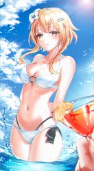 Rule 34 | 1girl, absurdres, arms behind back, bikini, blonde hair, blurry, blurry foreground, blush, breasts, clear sky, cleavage, cloud, collarbone, cowboy shot, cup, day, drink, embarrassed, flower, genshin impact, green eyes, groin, hair flower, hair ornament, highres, holding, holding cup, holding drink, implied yuri, large breasts, looking at viewer, lumine (genshin impact), mella (mell a12), navel, ocean, partially submerged, short hair, short hair with long locks, sky, standing, sunlight, swimsuit, water, white bikini, white flower, yuri