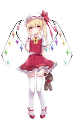 Rule 34 | 1girl, backlighting, blonde hair, blush, bow, bowtie, closed mouth, damaged, flandre scarlet, frilled skirt, frilled sleeves, frills, full body, hat, hat ribbon, head tilt, highres, holding, holding stuffed toy, looking at viewer, medium hair, mob cap, multicolored wings, puffy short sleeves, puffy sleeves, red eyes, red footwear, red ribbon, red skirt, ribbon, short sleeves, simple background, skirt, skirt set, solo, stuffed animal, stuffed toy, teddy bear, thighhighs, touhou, umou (may65879), white background, white hat, white thighhighs, wings, yellow bow, yellow bowtie, zettai ryouiki