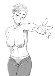 Rule 34 | 1girl, bad id, bad twitter id, blush, breasts, dekapoi, earrings, greyscale, jewelry, large breasts, looking at viewer, monochrome, navel, necklace, nipples, open fly, outstretched arm, puffy nipples, ring, short hair, simple background, smile, solo, topless, underwear