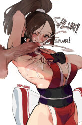 Rule 34 | 1boy, 1girl, arm up, armpits, bare shoulders, blush, breasts, brown eyes, brown hair, cleavage, cum, cum on body, cum on breasts, cum on hair, cum on upper body, dark-skinned male, dark skin, ejaculation, ennhentai, facial, fatal fury, highres, large breasts, large penis, penis, ponytail, shade, shiranui mai, sideboob, snk, spread armpit, the king of fighters
