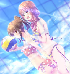 Rule 34 | 10s, 2girls, absurdres, ass, ball, beach, beach volleyball, bikini, blue skirt, blunt bangs, blurry, blush, breasts, brown eyes, brown hair, cloud, commentary, cousins, day, depth of field, dutch angle, from side, groin, hands on another&#039;s shoulders, harukana receive, higa kanata, highres, holding, holding ball, large breasts, long hair, multiple girls, navel, nyaa (nnekoron), ocean, oozora haruka (harukana receive), outdoors, playing sports, ponytail, sand, side-tie bikini bottom, skirt, sky, small breasts, smile, swimsuit, thighs, volleyball, volleyball (object), volleyball net, water