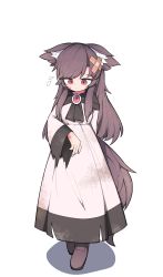 Rule 34 | 1girl, absurdres, animal ears, bandaid, boots, brown hair, brown legwear, closed mouth, dirty, dirty clothes, dress, full body, hh, highres, imaizumi kagerou, long hair, long sleeves, red eyes, shadow, simple background, solo, standing, sweatdrop, tail, tears, torn clothes, torn dress, touhou, white background, white dress, wolf ears, wolf girl, wolf tail