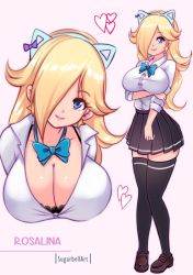 Rule 34 | 1girl, alternate costume, animal ears, aqua bow, aqua bowtie, artist name, black skirt, black thighhighs, blonde hair, blue eyes, bow, bowtie, breast hold, breasts, brown footwear, character name, cleavage, closed mouth, collarbone, commentary, earrings, english commentary, fake animal ears, forehead, frilled skirt, frills, full body, hair over one eye, heart, jewelry, knees together feet apart, large breasts, leaning forward, long hair, looking at viewer, loose bowtie, mario (series), nintendo, pleated skirt, purple bow, red lips, rosalina, shirt, simple background, skirt, smile, solo, standing, star (symbol), star earrings, sugarbell, super mario galaxy, thighhighs, thighs, white shirt