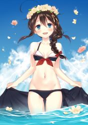 Rule 34 | 10s, 1girl, :d, adapted costume, bikini, black bikini, black hair, blue eyes, blush, braid, breasts, bridal veil, cleavage, cloud, collarbone, day, flower, front-tie bikini top, front-tie top, hair between eyes, hair ornament, hair tie, holding sarong, kantai collection, long hair, mismatched bikini, naoto (tulip), navel, open mouth, outdoors, petals, petals on liquid, sarong, shigure (kancolle), shigure kai ni (kancolle), single braid, sky, small breasts, smile, solo, swimsuit, unworn sarong, upper body, veil, wading, water, wreath
