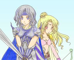 Rule 34 | 1990s (style), 1boy, 1girl, armor, bad anatomy, bikini, bikini top only, blonde hair, blue eyes, bow (weapon), breasts, brown eyes, cape, cecil harvey, cleavage, collarbone, final fantasy, final fantasy iv, grey hair, headband, holding, holding sword, holding weapon, long hair, looking at viewer, matsumoto haruka, pink bikini, pink eyes, poorly drawn, red eyes, retro artstyle, rosa farrell, shoulder pads, small breasts, spikes, swimsuit, sword, weapon