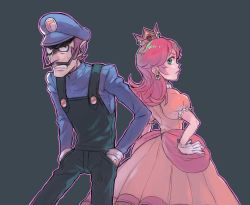 Rule 34 | 1boy, 1girl, atsuko (pixiv2232917), bad id, bad pixiv id, black pants, brown hair, crown, dress, earrings, facial hair, facing away, flower earrings, frown, gloves, green eyes, hands in pockets, hands on own hips, hat, jewelry, mario (series), mustache, nintendo, overalls, pants, pointy nose, princess daisy, puffy short sleeves, puffy sleeves, purple hat, purple shirt, shirt, short sleeves, simple background, standing, sweatdrop, waluigi, white gloves, yellow dress