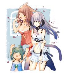 Rule 34 | 10s, 3girls, 4th, ;o, animal ears, aqua eyes, arms up, au ra, babydoll, bad id, bad pixiv id, breasts, brown hair, cat ears, cat tail, cleavage, collarbone, cropped legs, dragon girl, dragon horns, dragon tail, fang, final fantasy, final fantasy xiv, green hair, highres, horns, lalafell, light purple hair, long hair, midriff, miniskirt, miqo&#039;te, multiple girls, navel, nightgown, one eye closed, open mouth, pointy ears, red ribbon, ribbon, short hair, silver hair, simple background, size difference, skirt, tail, tears, warrior of light (ff14), white skirt, yawning, yellow eyes