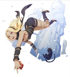 Rule 34 | 1girl, :d, absurdres, animal, apple, arm warmers, ass, bare shoulders, black cat, black hairband, black jumpsuit, black scarf, blonde hair, breasts, cat, cleavage, dark skin, dusty (gravity daze), food, fruit, full body, gravity daze, hairband, high heels, highres, holding, holding food, holding fruit, jumpsuit, kitten (gravity daze), long hair, open mouth, red eyes, scarf, small breasts, smile, teeth, white background, yellow footwear, youguang liangliang