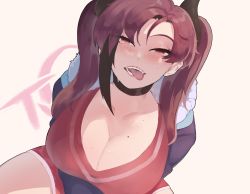 Rule 34 | 1girl, blush, breasts, cleavage, covered erect nipples, dae seo-yun (nyantcha), freckles, highres, large breasts, long hair, looking at viewer, mole, mole on breast, nyantcha, open mouth, original, purple eyes, purple hair, solo, tongue, tongue out, twintails