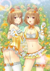 Rule 34 | 2girls, :d, :o, aimori meguru, arch, armlet, ass, bare shoulders, blurry, blush, bow, bowtie, breasts, brick wall, brown eyes, choker, cleavage, collarbone, commentary, cowboy shot, crop top, depth of field, dress, elbow gloves, floral arch, flower, frills, garter straps, gloves, groin, hair flower, hair ornament, hairpin, hand on another&#039;s back, hand up, highres, jewelry, layered skirt, light brown hair, looking at viewer, looking back, lowleg, lowleg skirt, microdress, microskirt, midriff, multiple girls, navel, necklace, no panties, open mouth, orange bow, orange bowtie, orange ribbon, original, outdoors, petals, pointy hair, revision, ribbon, shiny skin, short hair, siblings, sisters, skirt, sleeveless, sleeveless dress, small breasts, smile, sparkle, standing, strapless, striped, thigh strap, thighhighs, twins, vertical stripes, white gloves, white legwear