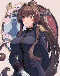Rule 34 | 1girl, alternate costume, animal, animal on shoulder, bird, bird on shoulder, breasts, brown hair, cherry blossoms, flower, hair between eyes, hair flower, hair intakes, hair ornament, headgear, highres, himeyamato, kantai collection, large breasts, long hair, long sleeves, looking ahead, military uniform, outside border, parted lips, red eyes, sidelocks, solo, uniform, very long hair, yamato (kancolle)